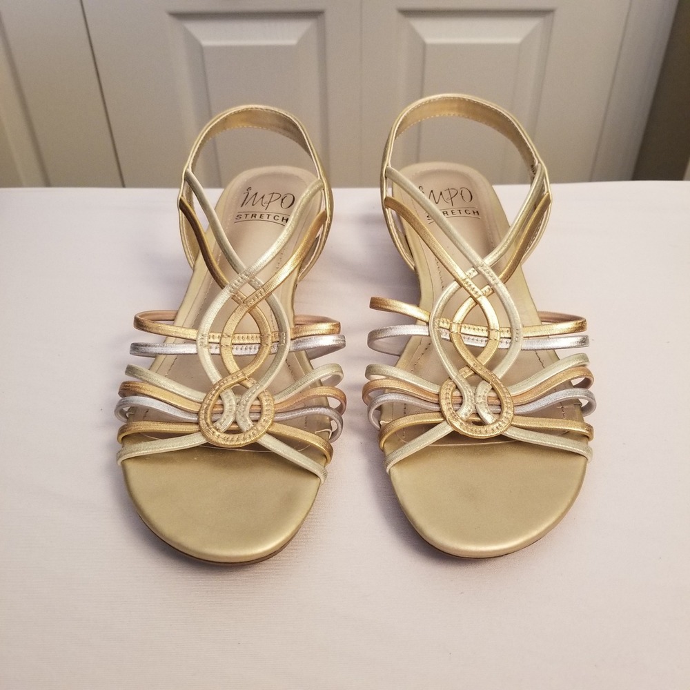 Impo Metallic Strappy Stretch Wedge Sandals Gold Silver Bronze Low Heel Wn 8.5